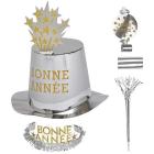 Party Kit Bonne Année Argento Per 10 Persone (5 Cilindri, 5 Corone,5 Trombe Sonore, 5 Lingue Sonore, 1 Rotolo Da 10 Stelle Filanti Decorative)