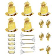 Party Kit Happy New Year Oro Per10 Persone (5 Cilindri, 5 Corone, 5 Trombe Sonore, 5 Lingue Sonore, 1rotolo Da 10 Stelle Filanti Decorative)