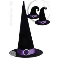 Cappello strega nero con decorazioni viola e fibbia 50 cm