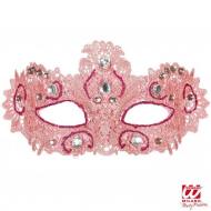 Maschera Nobile in Pizzo Rosa Decorata con Glitter e Gemme