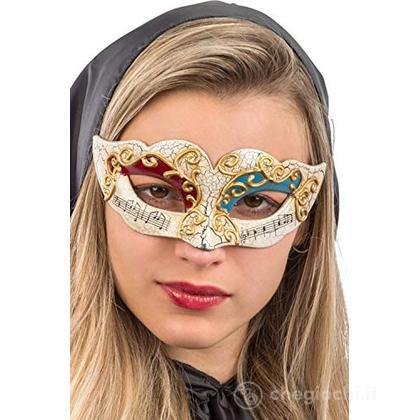 1329: Maschera Veneziana In Plastica Cracle' C/Dec.Rosse E Azzurre Su Cartoncino