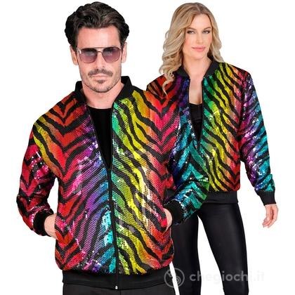 Bomber Party Fashion (bomber in paillettes animalier tigre arcobaleno) S/M  -  Adulto Unisex - Showtime,  Showgirls e Showmen, Disco, Festivals, Anni 