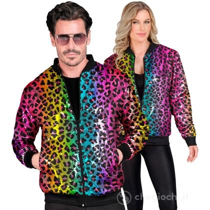 Bomber Party Fashion (bomber in paillettes animalier leopardo arcobaleno) S/M  -  Adulto Unisex - Showtime,  Showgirls e Showmen, Disco, Festivals, An
