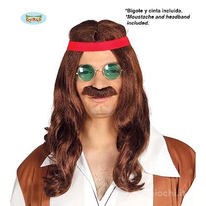 Parrucca Lunga Castana Uomo Hippie Con Baffi (4912)