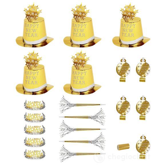 Party Kit Happy New Year Oro Per10 Persone (5 Cilindri, 5 Corone, 5 Trombe Sonore, 5 Lingue Sonore, 1rotolo Da 10 Stelle Filanti Decorative)