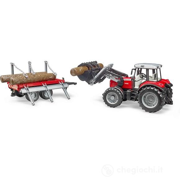 Trattore Massey Ferguson con Forcella e rimorchio di Trasporto di Legno