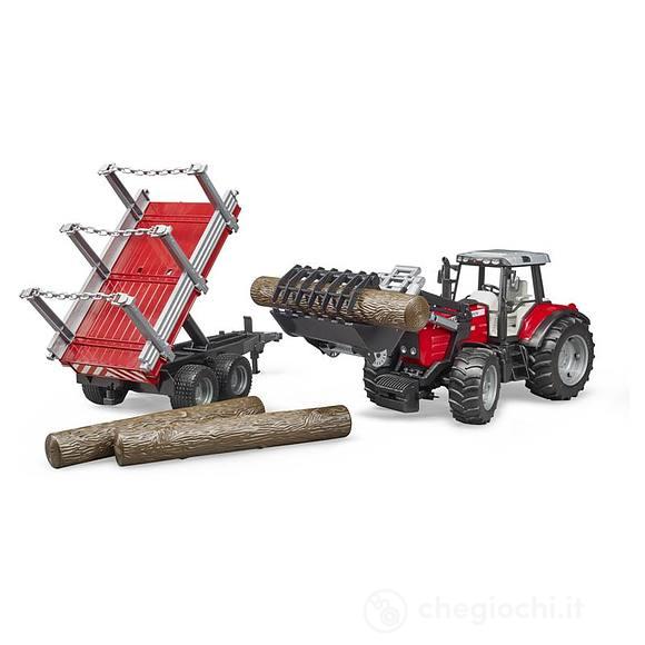 Trattore Massey Ferguson con Forcella e rimorchio di Trasporto di Legno