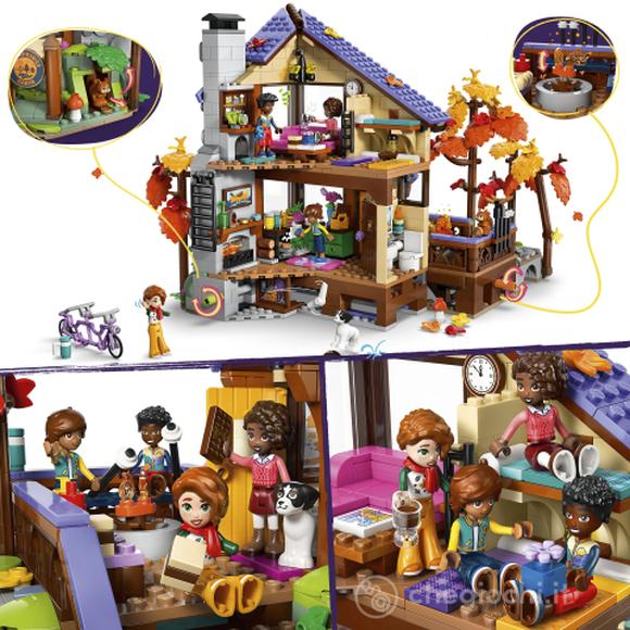 LEGO Friends 42705 Baita nella Foresta Autunnale, Casa Giocattolo con 4 Mini Bamboline, 2 Animali e Accessori, Regalo da 9+