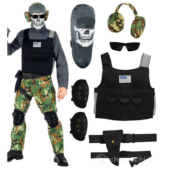 Soldato Scheletro (tuta, gilet, ginocchiere, cintura, fondina, maschera, occhiali, cuffie) 164 cm / 14-16 anni - Costume Bimbo - Nazionalità ed Etnie,