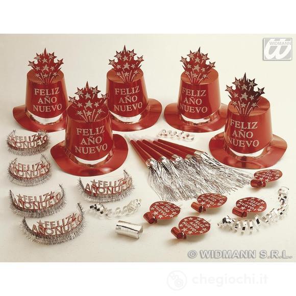 Party Kit Feliz Año Nuevo Rosso Per 10 Persone (5 Cilindri, 5 Corone, 5 Trombe Sonore, 5 Lingue Sonore, 1 Rotolo Da 10 Stelle Filanti Decorative)