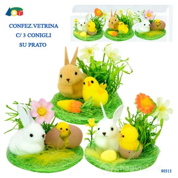 Decorazione 3 Conigli Su Prato Con Pulcino (90313)