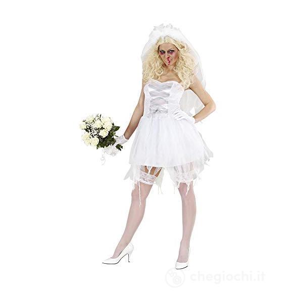 Sposa Zombie (Vestito Sbrindellato, Copricapo Con Velo Sbrindellato, Guanti) S