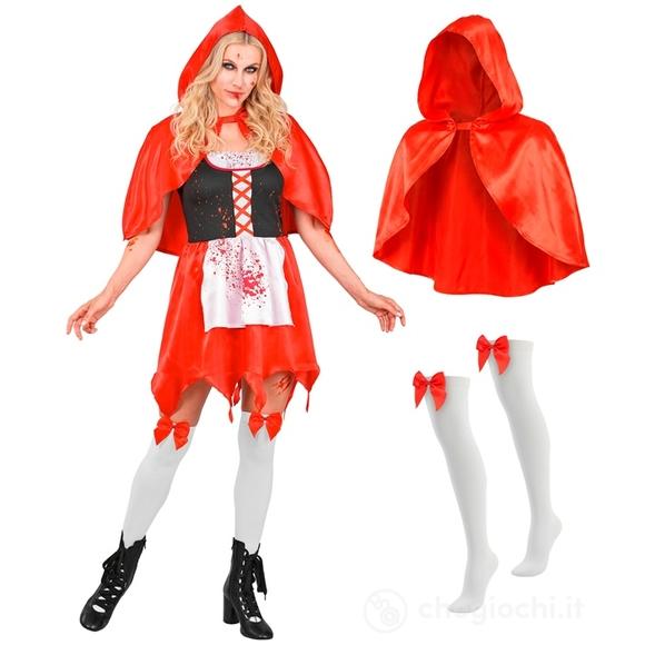 Mantellino Rosso Zombie (vestito, mantellina con cappuccio, autoreggenti con fiocco) S - Costume Adulto Donna - Fantasia e Favole, Halloween, Personag