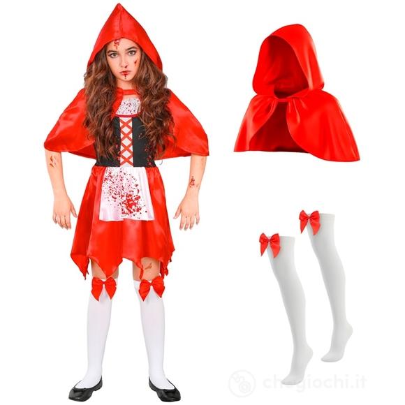 Mantellino Rosso Zombie (vestito, mantellina con cappuccio, autoreggenti con fiocco) 158 cm / 11-13 anni - Costume Bimba - Fantasia e Favole, Hallowee