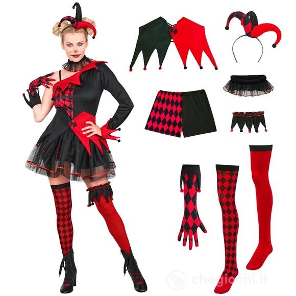 Evil Jester (vestito, pantaloncini, calze autoreggenti, giarrettiera, cintura, copricapo, girocollo, guanto) M - Costume Adulto Donna - Clown e Circo,