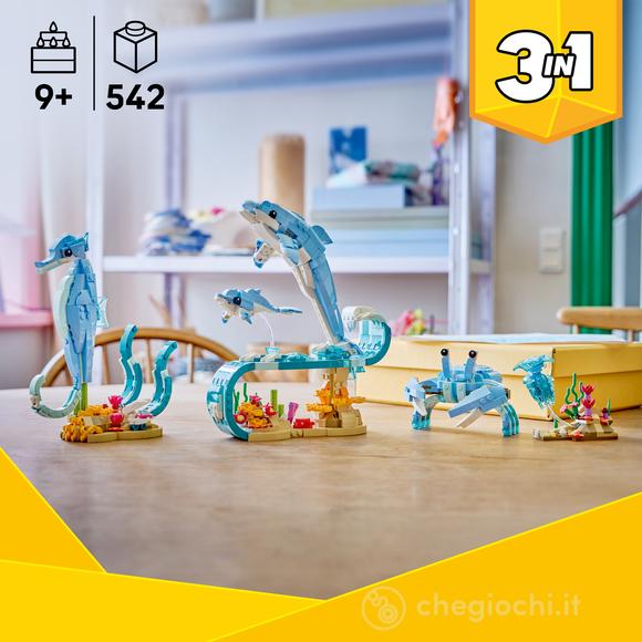 LEGO Creator 31385 3in1 Animali Marini: Meravigliosi Delfini Giocattolo, Si Trasforma in Cavalluccio Marino o Granchio, 9+