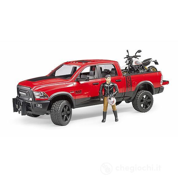 Veicolo Ram 2500 Power Wagon con moto Scrambler Ducati Desert Sled e personaggio (02502)