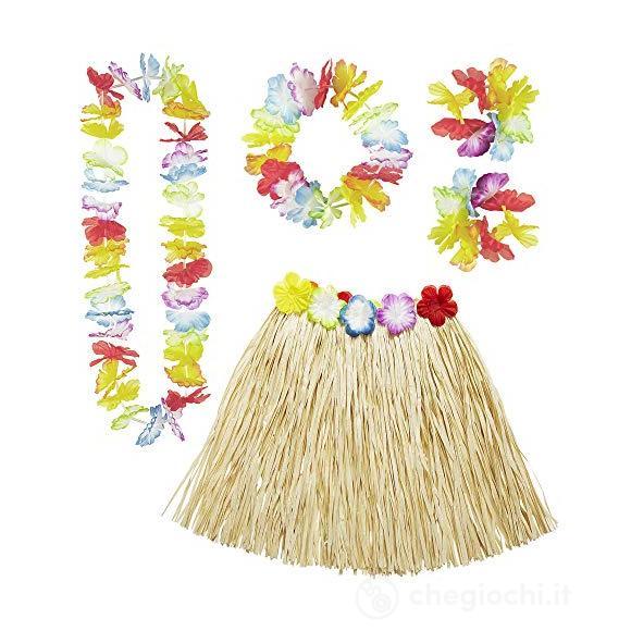 Set Hawaiano (gonna in paglia, collana hawaiana, corona, braccialetti) (24563)