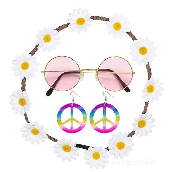 Accessori costume Hippie (fascia per testa con fiori, orecchini, occhiali)