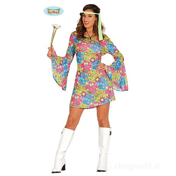 Costume Donna Verde Fiorato Anni 60 Figlia Dei Fiori Hippie Taglia M (84732)