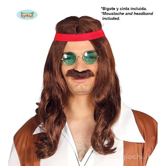 Parrucca Lunga Castana Uomo Hippie Con Baffi (4912)
