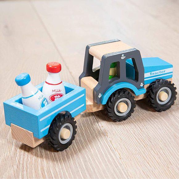 Trattore con rimorchio - trasporto latte in legno (11942)